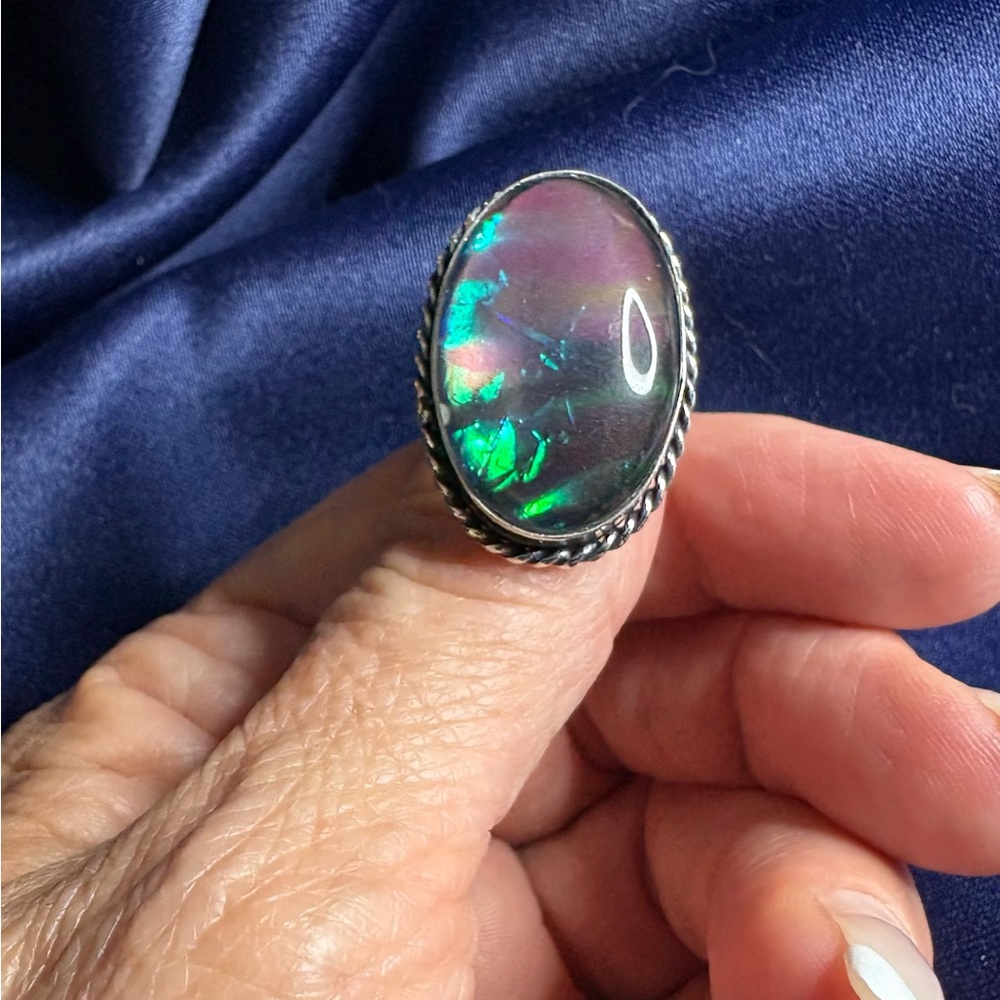 Ring Dichroic Glass Stone Silver Blue Green Flash Statement - Picture 4 of 9
